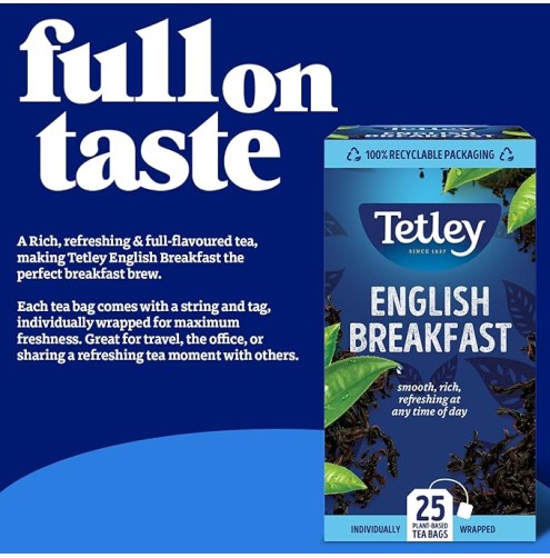 Tetley English Breakfast Black Tea Bags (Pack of 25)