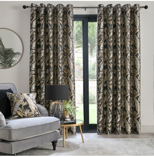 Paradise Palm ready made curtains - Black